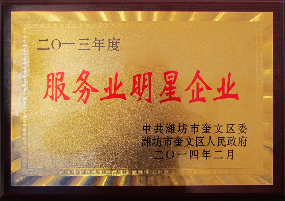 威龙公司荣获2013年度“服务业明星企业”荣誉称号