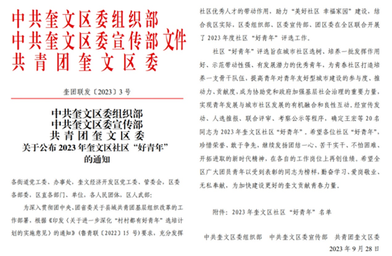 祝贺我司李晓旭被评选为2023 年奎文区社区“好青年”